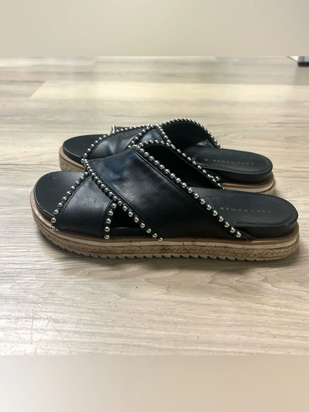 Zara Sandals Black Silver Studded Cross Strap Slides Women 6.5 Open Toe Slip On - Picture 7 of 12